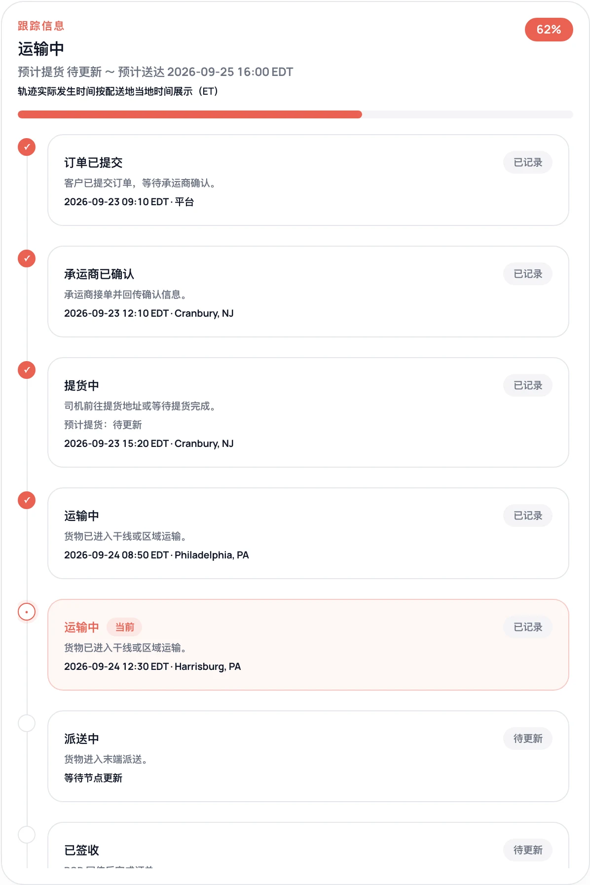客户订单运输节点截图，演示数据